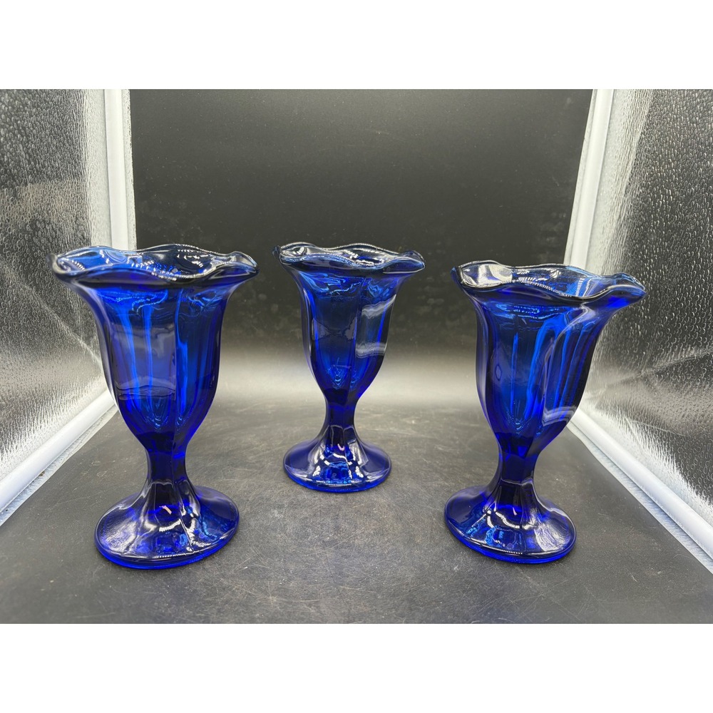 Vintage Cobalt Blue Glass Sundae Dishes Ruffled Rim Pedestal Set of 3